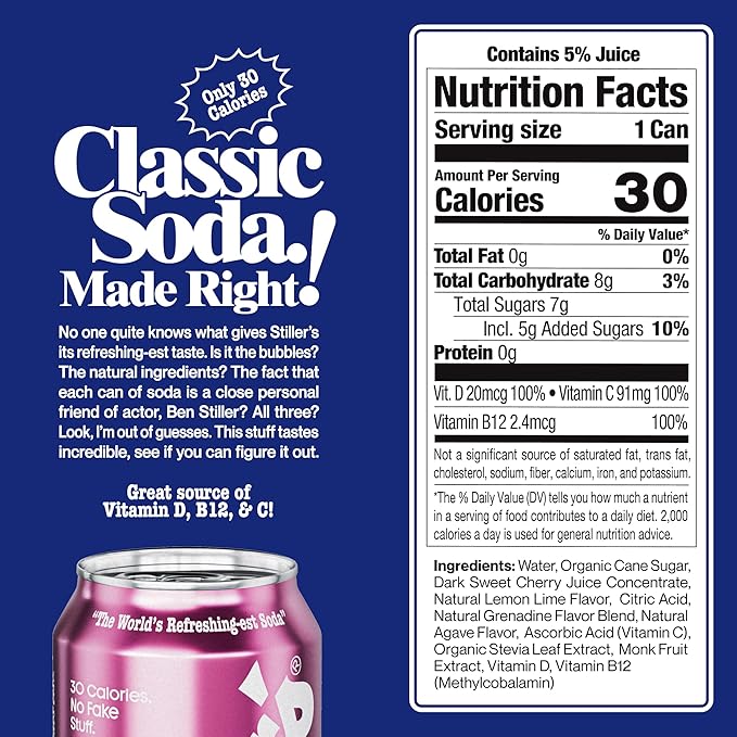 Stiller’s Shirley Temple Soda – 12 Pack Cans – Sparkling Cherry Lemon Lime Mocktail Drink – Low Sugar Caffeine-Free Natural Soda Pop with Real Cane Sugar Stevia &amp Vitamins – Alternative to Diet