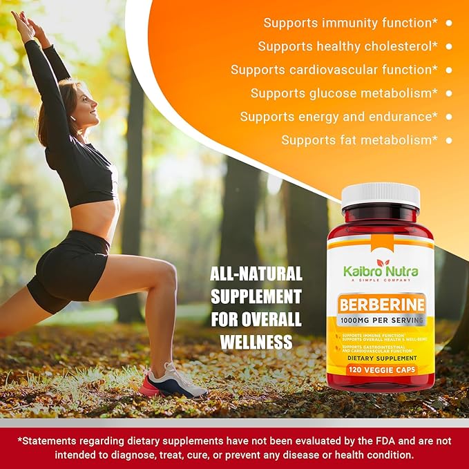 Kaibro Nutra Berberine Supplement 1000mg Berberine HCL for Immune System Glucose Support Circulatory &amp Gastrointestinal Health Vegan &amp Gluten-Free 120 Capsules