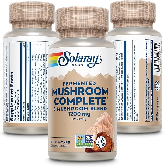 SOLARAY Fermented Mushroom Complete - Organic Chaga Reishi Shiitake Cordyceps Turkey Tail Mushroom and Lions Mane Supplement Capsules - 8 Mushroom Supplement - Non-GMO 30 Servings 60 VegCaps