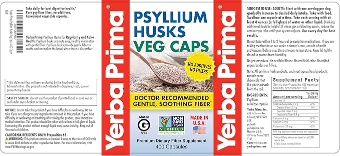 Yerba Prima Psyllium Husks Veg Caps 400 Capsules (625mg) - Vegan Non-GMO Gluten Free Colon Cleanser Daily Fiber Supplement for Gut Health &amp Regularity