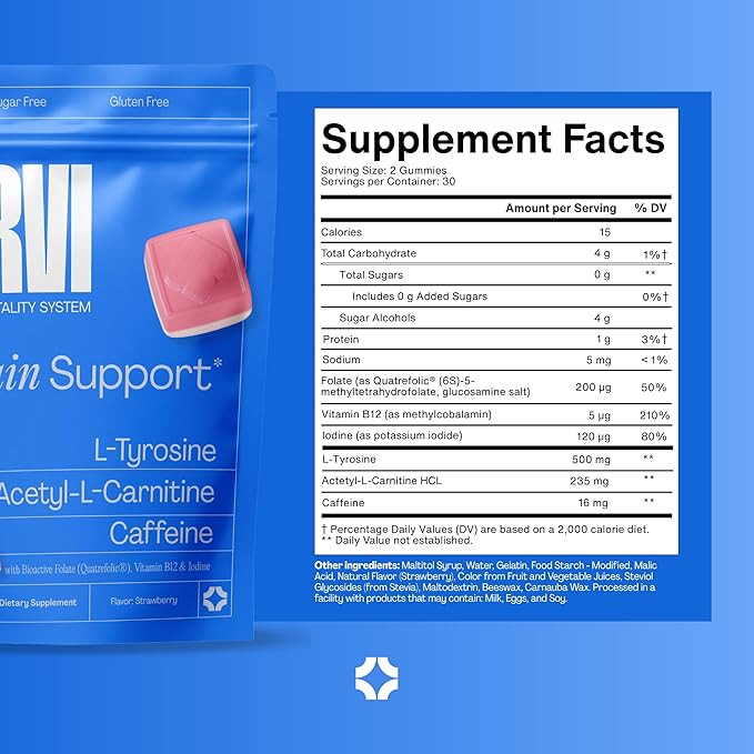 URVI® Brain Gummies – L-Tyrosine Acetyl-L-Carnitine Caffeine L Methyl Folate (Quatrefolic® 5-MTHF) Vitamin B12 &amp Iodine – Boosts Energy &amp Focus – Sugar-Free – Strawberry Flavor – 60 Gummie