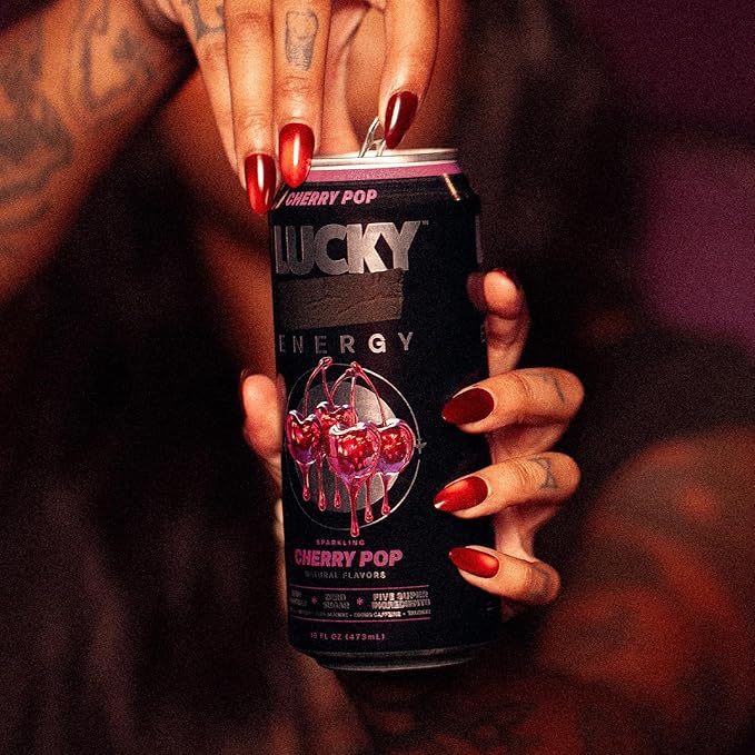 Lucky Energy Sugar Free Energy Drinks Cherry Pop 16oz Cans (12-Pack) Healthy Zero Sugar Energy Drink with Maca Ginseng Beta-Alanine Taurine &amp 200mg Caffeine