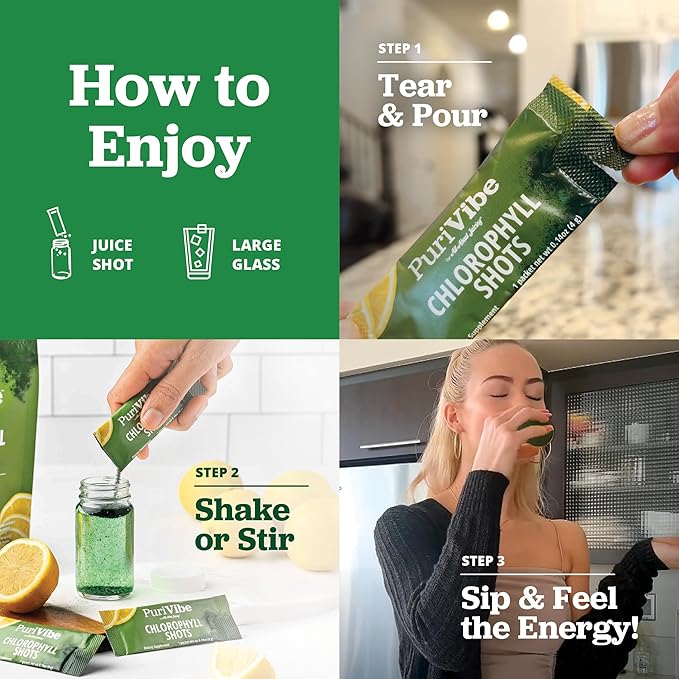 All About Juicing Chlorophyll Green Juice Shots - Clean Energy Detox Alkalize - 30 Stick Packs - Superfood Juice Powder - PuriVibe