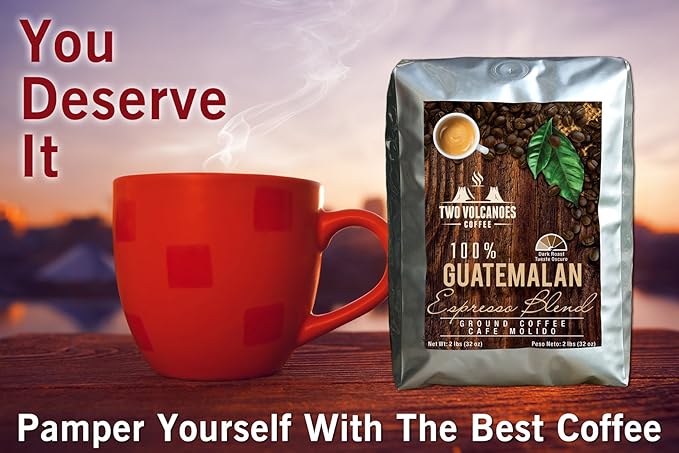 Two Volcanoes Ground Coffee - Dark Roast Espresso Blend - 2 lb bag - Guatemala Delicious Gourmet Coffee. Great for French Press. Get The Kick Enjoy The Smoothness!