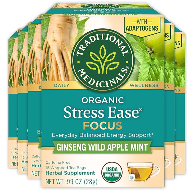 Traditional Medicinals Tea Organic Stress Ease Focus with Adaptogens Everyday Balanced Energy Ginseng Wild Apple Mint 96 Tea Bags