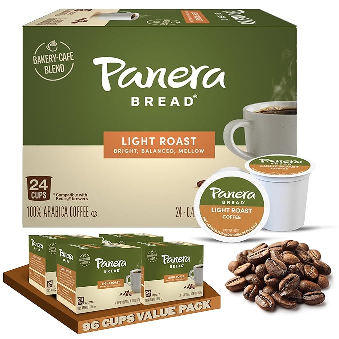 Panera Bread Light Roast Coffee Pods 100% Arabica Coffee Keurig Compatible Cups Breakfast Blend Single Serve Pods Smooth &amp Balanced Kosher Certified 96 Single Serve Pods (4 Packs of 24)