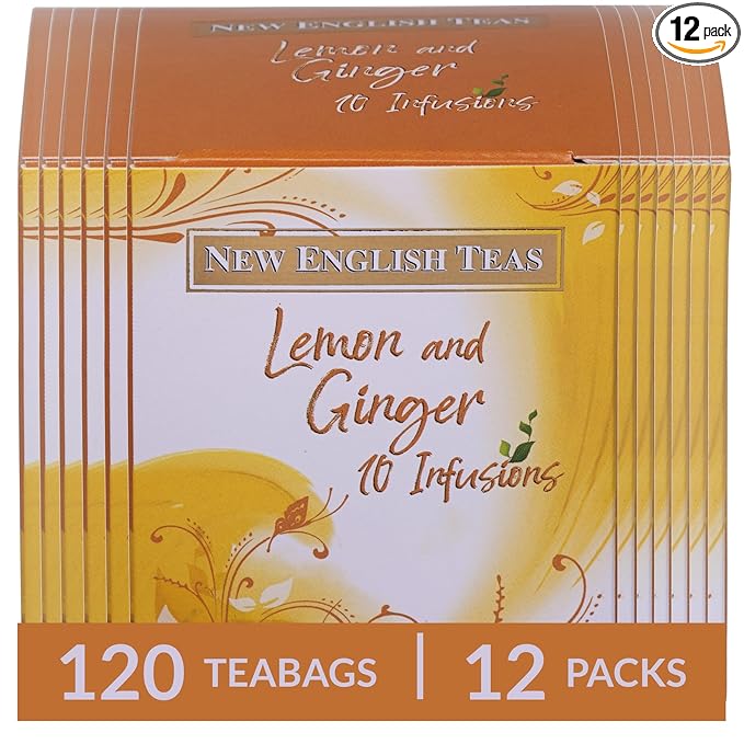 New English Teas Fruit &amp Herbal Tea 120 Teabags 12 Packs of 10 Individually Wrapped Tea Bags Naturally Caffeine Free (Lemon &amp Ginger)