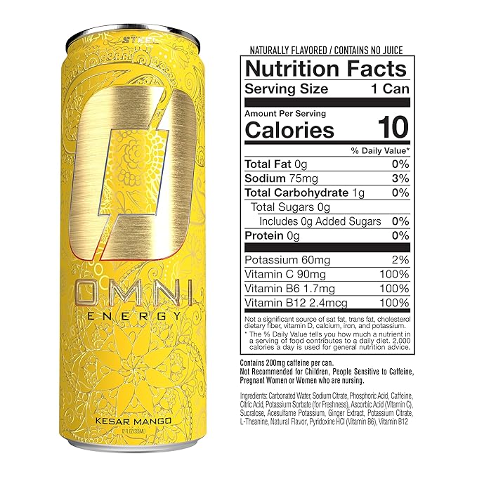 OMNI Energy Drink Variety Pack (Brassberry Florida Kesar Mango) 12oz (Pack of 12) | Clean Caffeine B Vitamins | Sugar Free Low Calorie Energy Drink for All-Day Vitality.