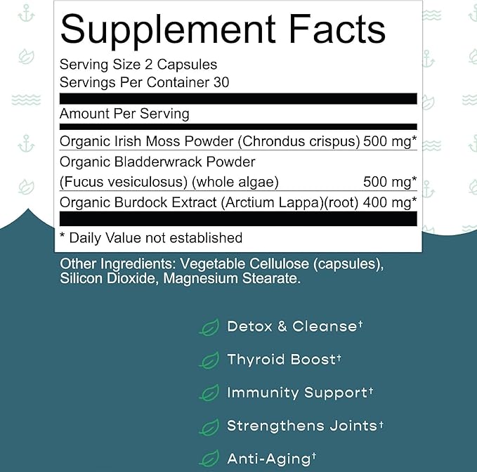 Herbal Vineyards Organic Wildcrafted Vegetable 60 Capsules | 1500MG | Pack of 2 | Irish Sea Moss Bladderwrack and Burdock Root Immune Support Healthy Skin &amp Energy | Powerful Immunity Booster