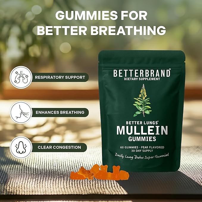 Betterbrand Mullein Chewable Gummies for Lung Cleanse and Detox Respiratory Health Supplement 1000mg Mullein Extract per Serving 180 Gummies - 90 Day Supply - Pear Flavored