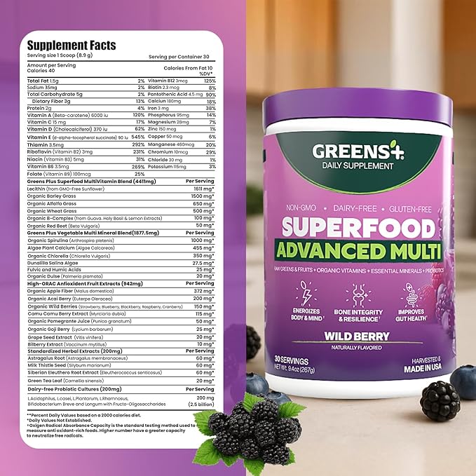 Greens+ Advanced Multi Wild Berry Superfood Powder Organic Blend Vegan Non-GMO Soy-Free Dairy-Free Gluten-Free Dietary Supplement with Vitamins &amp Minerals 9.4 oz