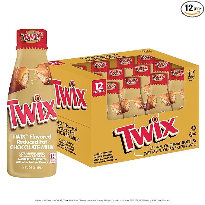 Twix™ Chocolate Milk - Packed with the flavors of crunchy cookie delicious caramel and creamy chocolate. Pack of 12 14 oz Bottles