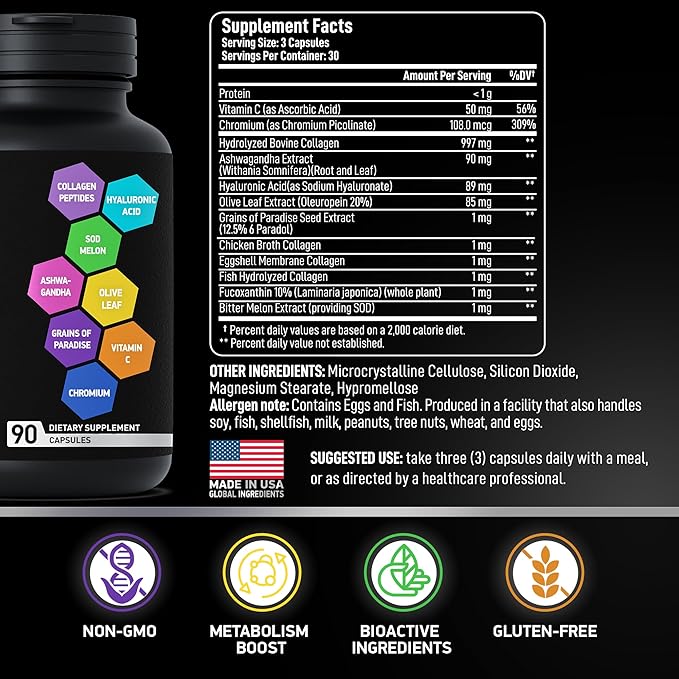 Thermogenic Multi Collagen Burn Capsules - Advanced Type I II III V X Hydrolyzed Collagen Peptides Plus Hyaluronic Acid - Metabolism Cellulite Skin Hair Nails Support - 90 Collagenic Burn Caps