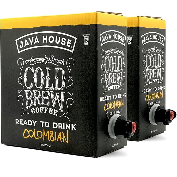 Java House Cold Brew Coffee on Tap (Pack of 2) – Premium 100% Arabica Medium Roast – Smooth Colombian Flavor with Chocolate &amp Caramel Notes – 1 Gallon Box (16 Servings) – Ready to Drink No Brewin