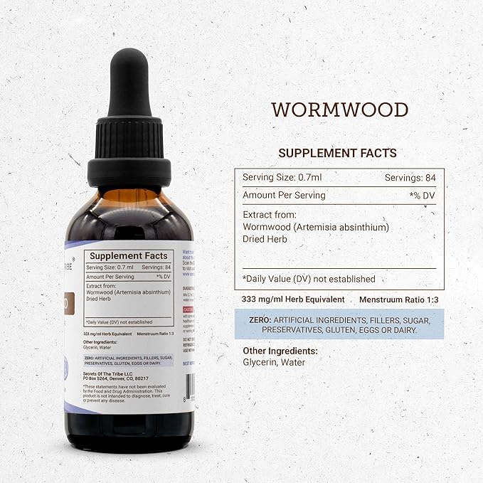 Secrets of the Tribe Wormwood Alcohol-Free Liquid Extract Wormwood (Artemisia Absinthium) Dried Herb Tincture Supplement (2 FL OZ)