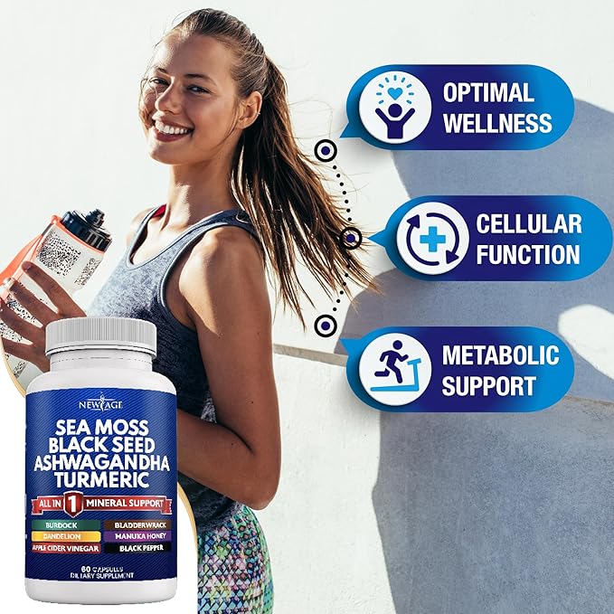 NEW AGE Sea Moss Capsules Black Seed Oil Ashwagandha Turmeric Bladderwrack Burdock - with Manuka Honey Dandelion ACV Black Pepper Gluten Free