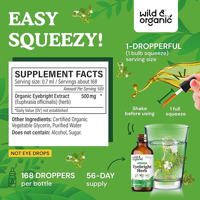 Wild &amp Organic Eyebright Herb Tincture - Vision Support with Euphrasia Extract - Dietary Eyebright Drops 500 mg - Vegan Sugar &amp Alcohol-Free Liquid Supplement - 4 fl oz