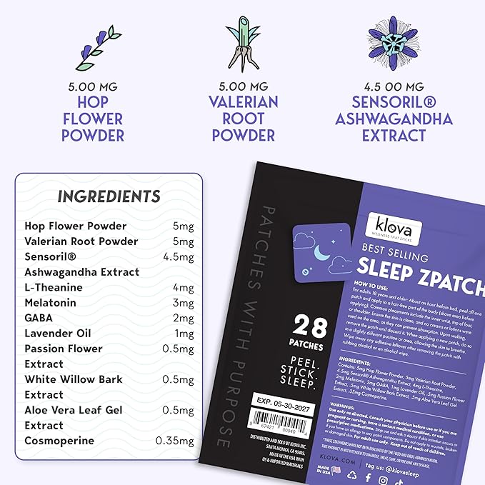 Klova ZSleep Patches for Adults | Natural Sleep Aid with Melatonin Ashwagandha Valerian GABA &amp L-Theanine | Fall Asleep Faster Stay Asleep Longer &amp Wake Up Refreshed | 28 Sleep Patches