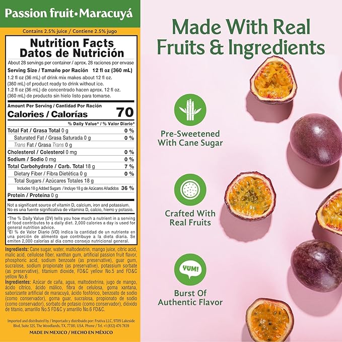 Frutiva Authentic Passion Fruit Drink Mix | Made in Mexico with Cane Sugar | Aguas Frescas Concentrate Makes 2.6 Gallons Per Bottle | No High Fructose Corn Syrup | Perfect for Drinks Desserts &amp M