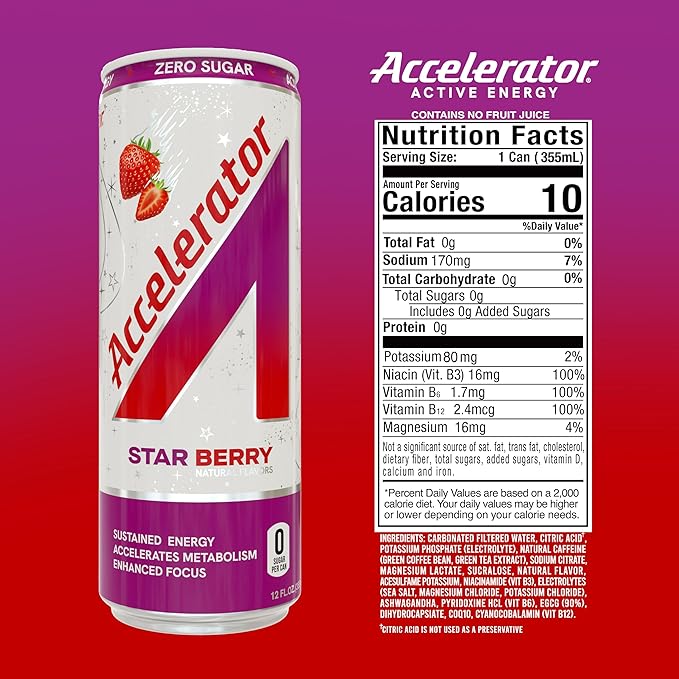 Accelerator Energy Drink Star Berry 12oz can (12 pack) Zero Sugar Sustained Energy from 100% Natural Caffeine (200mg from Green Coffee Bean &amp Green Tea extract)