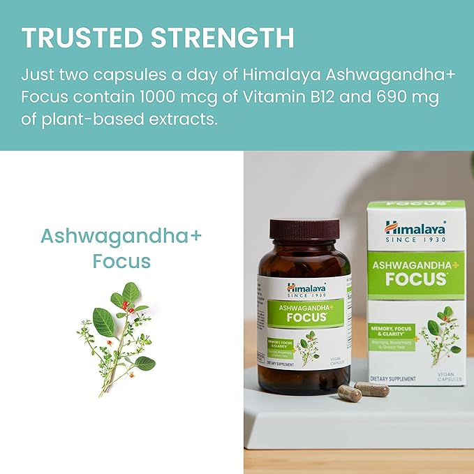 Himalaya Ashwagandha+ Focus - Herbal Focus Supplement with B12 Rosemary Green Tea and Bacopa Nootropics for Memory and Clarity - Vegan Non-GMO Gluten Free 1690 mg 60 Caplets