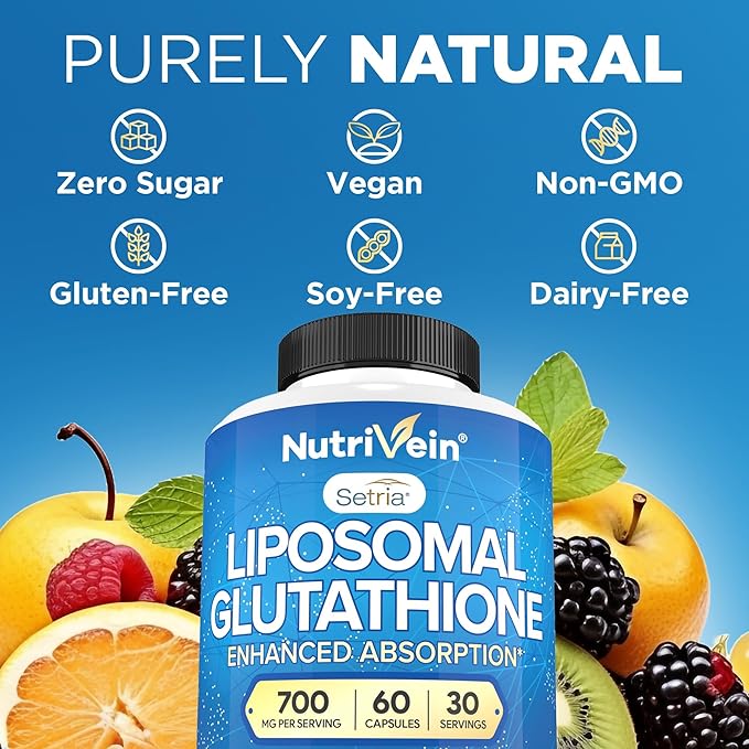 Nutrivein Premium Liposomal Glutathione Supplement 700 mg - 60 Caps - Pure Reduced Glutathione Setria - Master Antioxidant - Cell Protection Cleansing Liver Brain Vitality and Defenses