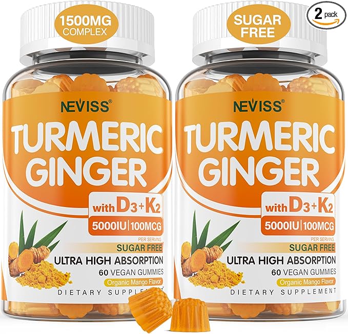 Turmeric and Ginger Gummies Supplement 1500mg w/Vitamin D3 5000 IU K2 (MK7) &amp Black Pepper Sugar Free Vegan Ginger and Turmeric Curcumin Supplements Gummy for Bone Immune &amp Digestive Health