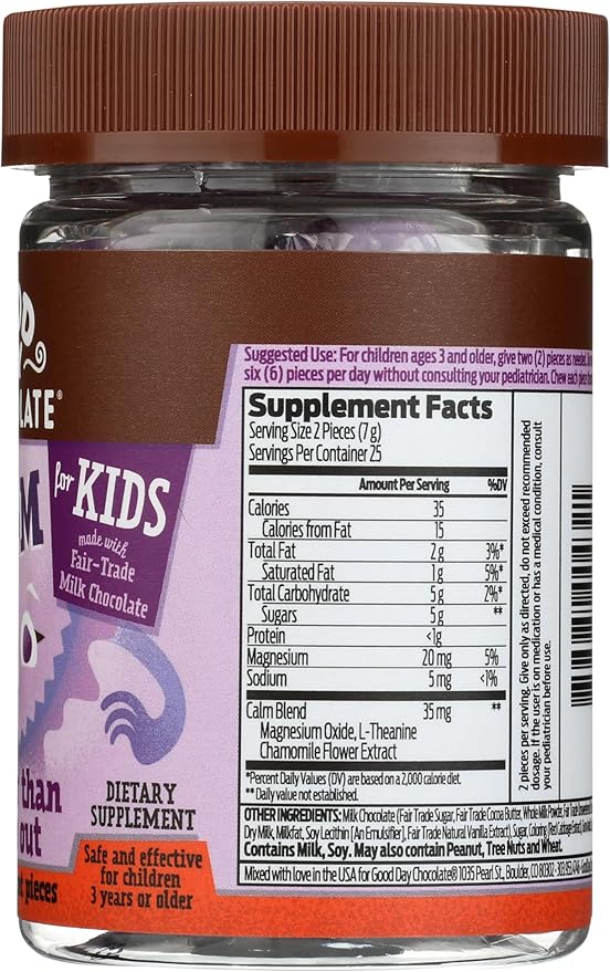 Good Day Chocolate Natural Calming Supplement for Kids Blend of Camomile L-Theanine Fair Trade and Non-GMO Chocolate 50 Pieces