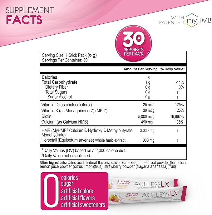 AgelessLX Powder Supplement for Women - with HMB Collagen Enhancer Plus Vitamin D3 with K2 Horsetail and Biotin for Lean Muscle and Stronger Hair and Nails - 30 Powder Packets Strawberry Lemonade