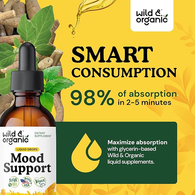 Wild &amp Organic Mood Support Drops - Good Mood Supplements w/Ashwagandha Root &amp Rhodiola Rosea - Natural Liquid Drops for Positive Energy - Calm and Relax Supplements for Women and Men - 2 oz