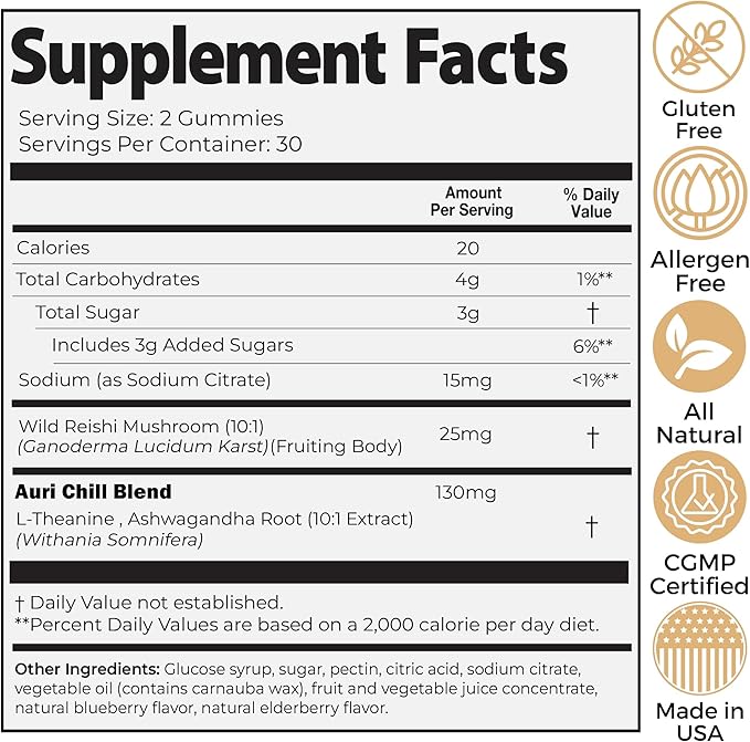 Auri Nutrition Super Mushroom Chill Gummies - Natural Calming Aid &amp Stress Reduction Supplement for Adults w/Reishi Mushroom Ashwagandha L-Theanine- Unwind Mind &amp Harmonize Your Day- 60 Calm