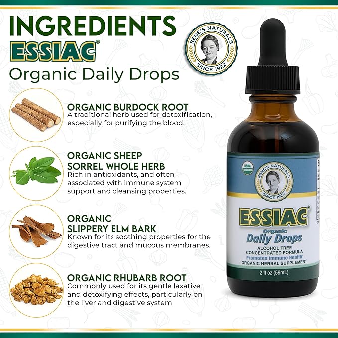 Essiac Original Tea USDA Organic Daily Drops for Enhanced Lymphatic Drainage and Immune Support | Alcohol Free Concentrated Formula | 2oz (59ml)