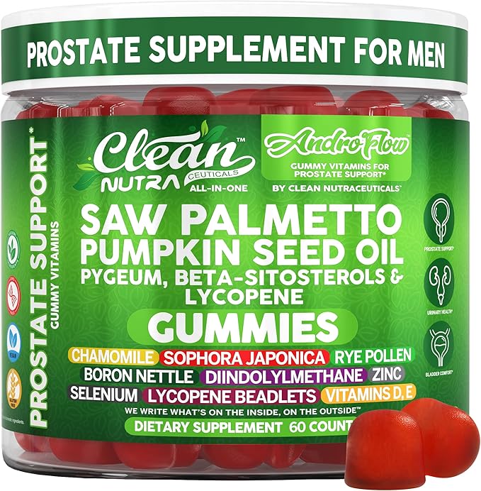 AndroFlow Saw Palmetto and Pumpkin Seed Oil Prostate Health Supplements for Men Pygeum Beta Sitosterol Lycopene Boron Zinc Selenium DIM Stinging Nettle Vitamin D 60 Gummy Supplements by Clean Nutra