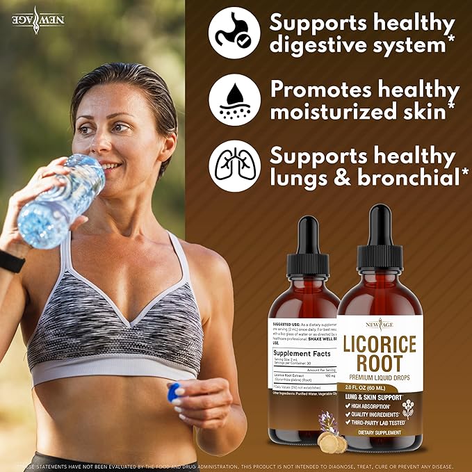 NEW AGE Licorice Root Tincture - Digestive Lung &amp Skin Support - Licorice Root Extract Liquid Drops - Vegan Sugar &amp Alcohol-Free Supplement - 4 fl oz