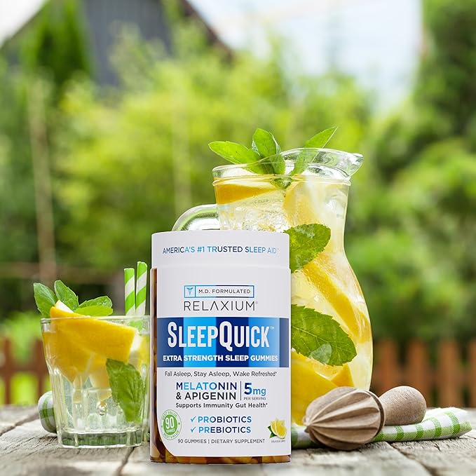 Relaxium SleepQuick Gummies - Sleep Aid + Gut Health &amp Immune Support 5mg Melatonin Vitamin D-3 + Prebiotic &amp Probiotic Blend Gluten &amp Drug Free Lemon Flavor 90 Gummies (Pack of 2)