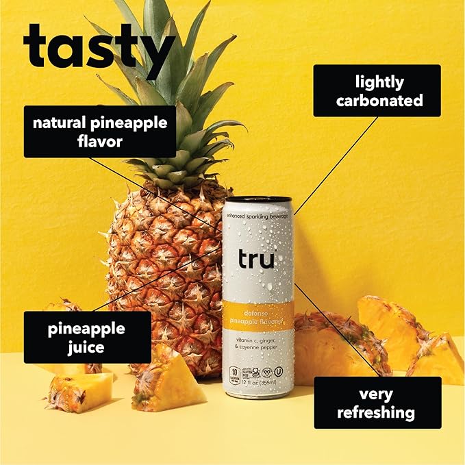Tru Defense Seltzer Sparkling Water with Vitamin C Ginger Extract Cayenne Pepper &amp Real Pineapple Juice Sweetened with Monk Fruit &amp Stevia Gluten Free Vegan Caffeine Free 12 FL OZ Can