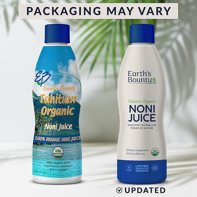 Earth's Bounty Tahitian Organic Noni Juice - 32 fl.oz - 100% Pure Natural Immune &amp Joint Support - Organic Kosher Noni Juice - No Additives (Pack of 2)