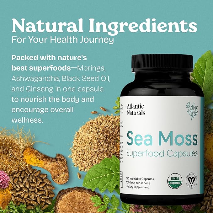 Atlantic Naturals Superfood Organic Irish Sea Moss Capsules - 120 Veggie Capsules | Wildcrafted Organic Sea Moss Supplement for Men &amp Women | Better Than Sea Moss Gel | Support Immunity &amp Skin