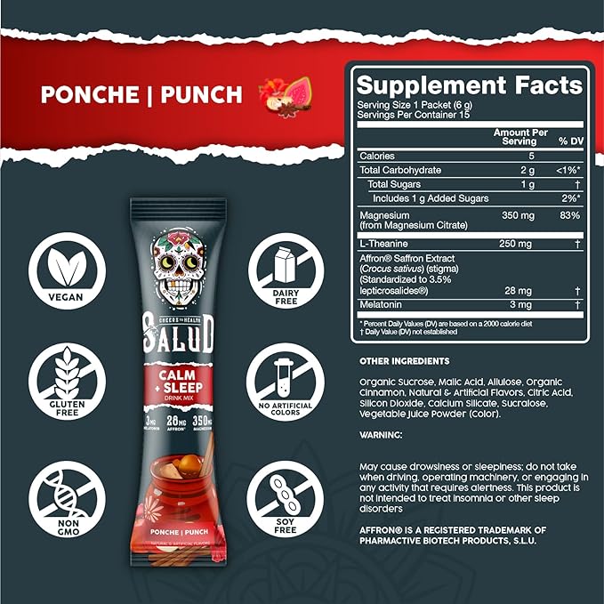 Salud 2-in-1 Sleep Aid + Calm Drink Mix Punch Ponche Flavor Melatonin Magnesium Saffron Extract L-Theanine Non-GMO Gluten Free Vegan Low Calorie 1g of Sugar (15 Servings)