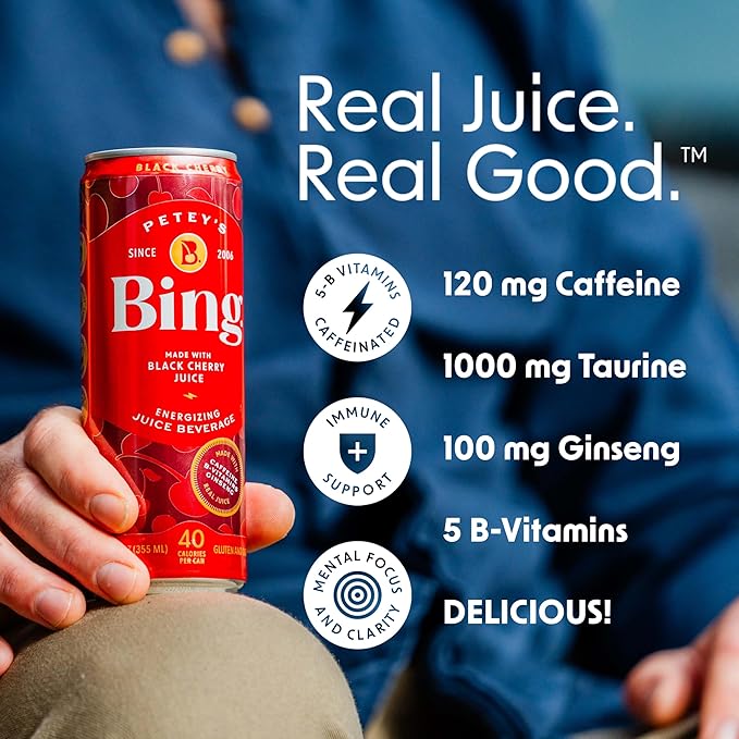 BING Energizing Juice Beverage – Original Cherry (12oz/12pk) – Made with REAL Juice! Low Calorie 5 B-Vitamins &amp Ginseng Energizes with 120mg Caffeine + Taurine Vegan Gluten + Dairy Free. DELIC