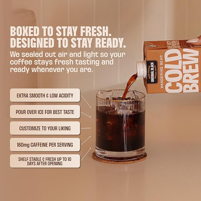 Wandering Bear Espresso Roast Organic Cold Brew Coffee - Extra Strong Bold Smooth No Sugar Added Shelf-Stable Ready to Drink &amp Vegan 100% Organic Iced Cold Brewed Coffee Drink - 32 fl oz 6 p