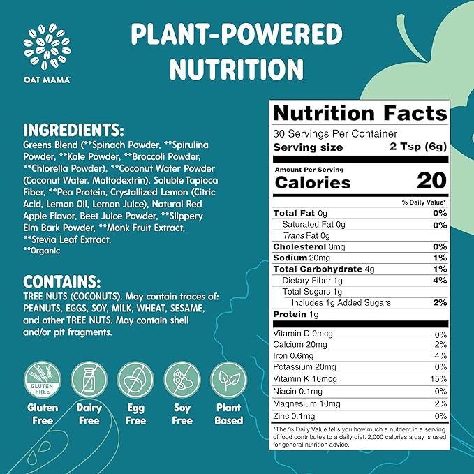 Oat Mama 'Mama Greens' Superfoods Booster - Fuji Apple Flavor - Greens Powder with Kale Spinach Broccoli &amp Spirulina - Nutrient-Rich Support for Pregnancy &amp Postpartum - 30 Servings (180g)