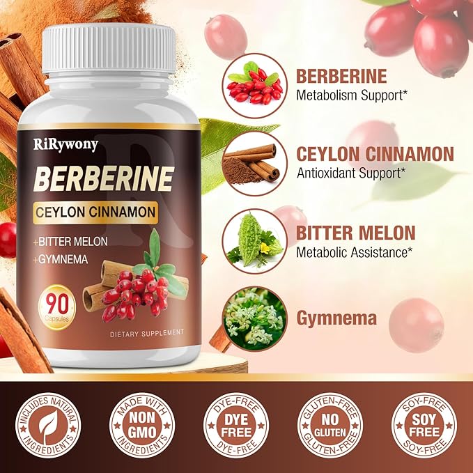 Berberine Supplement Berberine with Ceylon Cinnamon Bitter Melon and Gymnama - 1500 MG Berberine HCL for Gut Health 2 Pack 180 Capsules