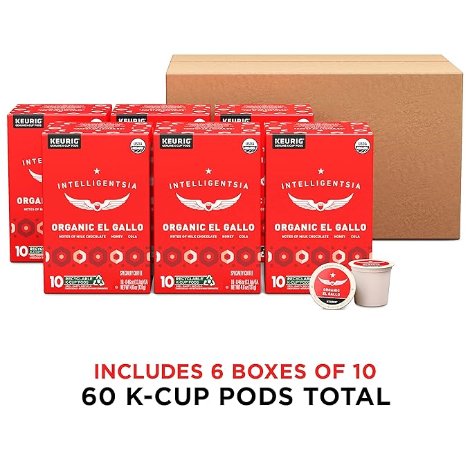 Intelligentsia Coffee Light Roast K-Cup Coffee Pods for Keurig Brewers - Organic El Gallo 60 Count with Flavor Notes of Milk Chocolate Honey and Cola (6 Boxes of 10 K-Cup Pods)