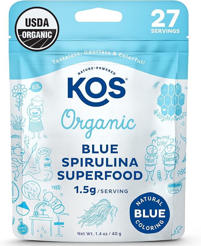 KOS USDA Organic Blue Spirulina Powder Phycocyanin - Vegan Algae Superfood - Natural Food Coloring for Smoothies &amp Protein Drinks Plant Based Non GMO - 27 Servings