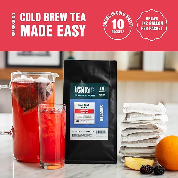 Tiesta Tea - Palm Beach Punch Cold Brew Tea Loose Leaf Fruit Punch Herbal Blend Premium Iced Blend Non-Caffeinated 10 Cold Brew Bags Makes One 64oz Pitcher Each