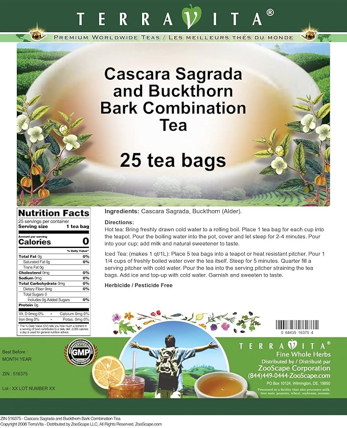 Cascara Sagrada and Buckthorn Bark Combination Tea (25 tea bags ZIN: 516375) - 3 Pack