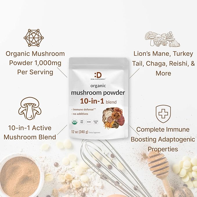 DEAL SUPPLEMENT Organic Mushroom Powder Supplement 12oz – 10 in 1 Active Blend – Shiitake Lions Mane Cordyceps Chaga with More –Supports Immune Energy &amp Brain Health – Non-GMO Vegan