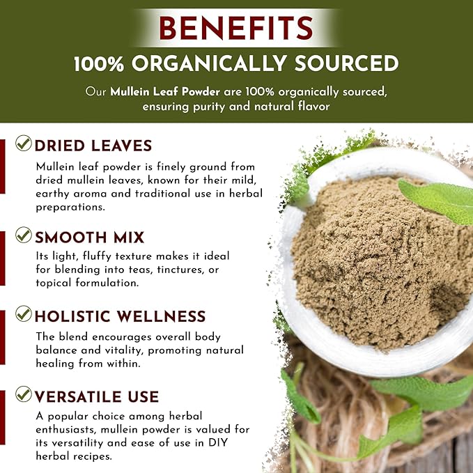Organic Way Mullein Leaf Powder (Verbascum thapsus) - European Wild-Harvest | Organic &amp Kosher Certified | Vegan Non GMO &amp Gluten Free | USDA Certified | Origin - Albania (16 Oz)