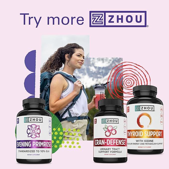 Zhou Nutrition Evening Primrose Oil Capsules- Supports Hormone Balance for Women PMS &amp Menopause Support Cold Pressed &amp Hexane Free - 1400mg 10% Gla